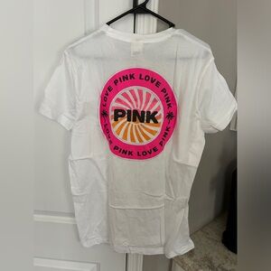 VS PINK White Short Sleeve Campus Shirt Palm Trees Tropical Bling Medium NWT